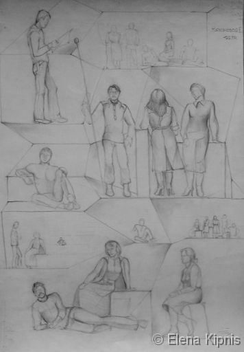 02 - Komposition Menschen Bleistift, 42 x 60 cm